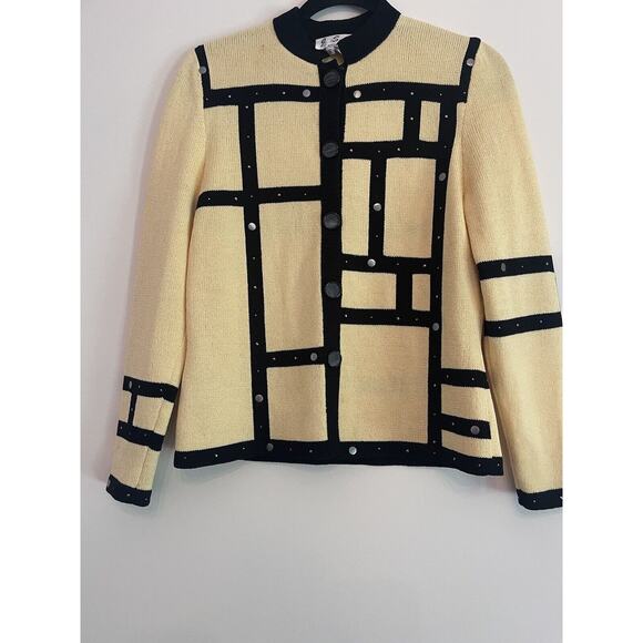 JSS Woman’s Knit Ware Blazer/ Jacket Sz S Yellow / Black strips Wool blend USA - Picture 4 of 11